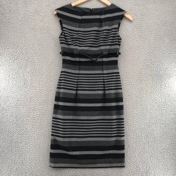 Calvin Klein Dress Womens 2 Gray Striped Knee Sheath Belted Pleated Sleeveless* - Picture 1 of 11